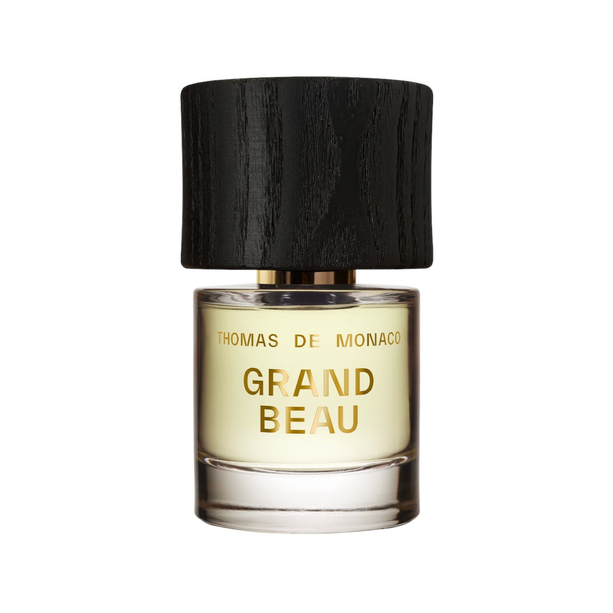 Flacon de parfum Grand Beau par Cork Niche Fragrances avec bouchon en bois noir texturé et liquide doré