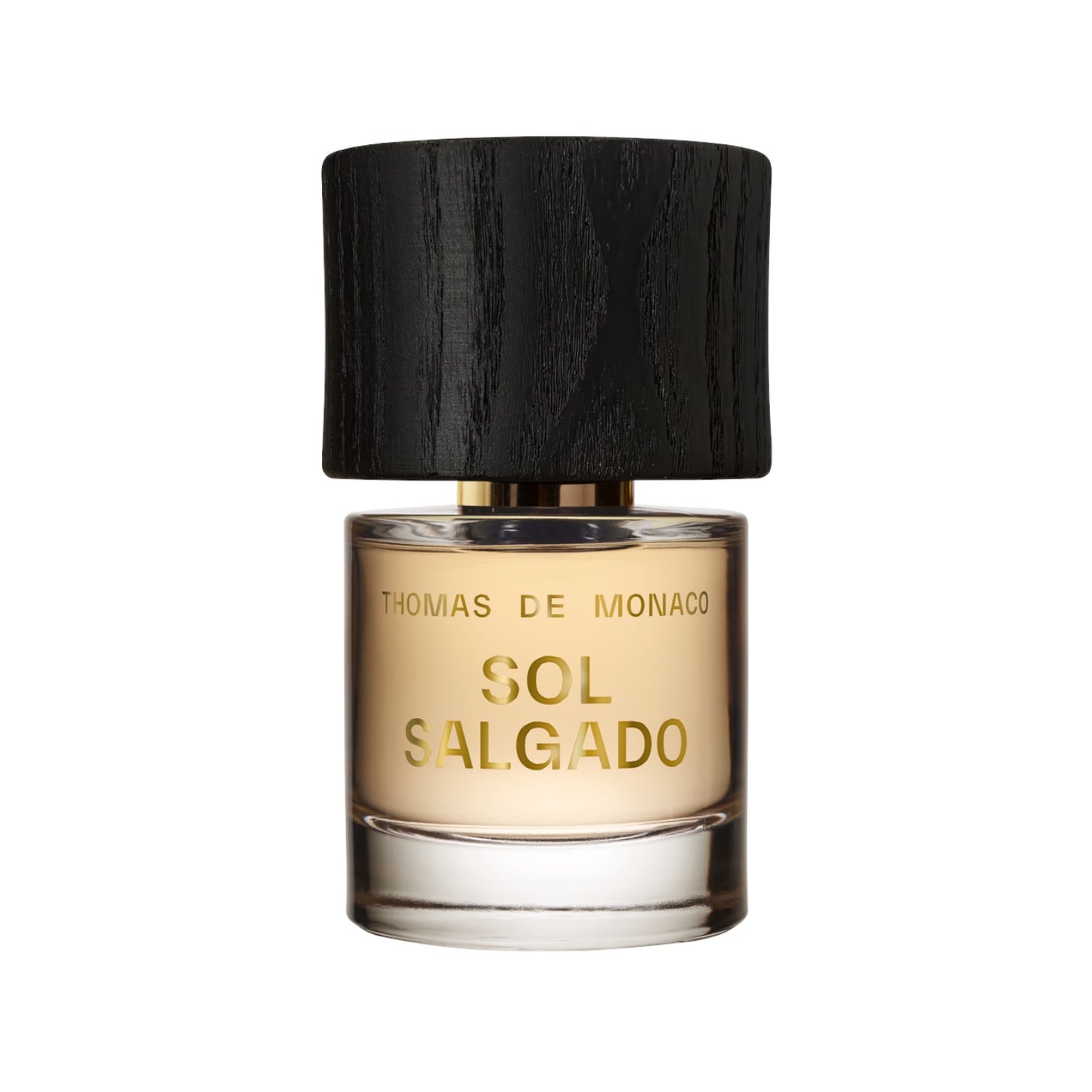 Flacon de parfum Sol Salgado par Cork Niche Fragrances avec bouchon en bois noir et jus ambré sur fond blanc