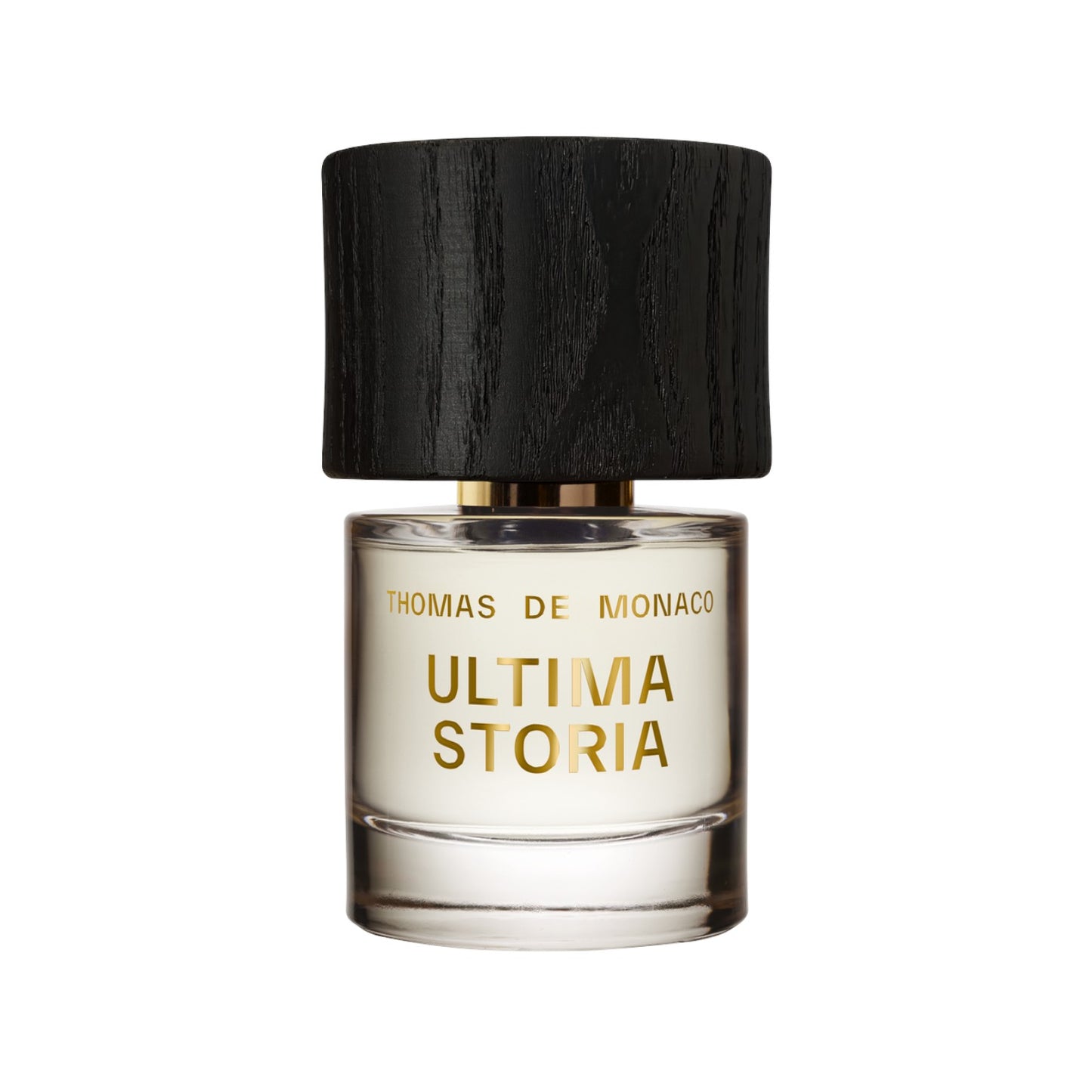 Flacon de parfum Cork Niche Fragrances Ultima Storia avec bouchon en bois noir texturé sur fond blanc