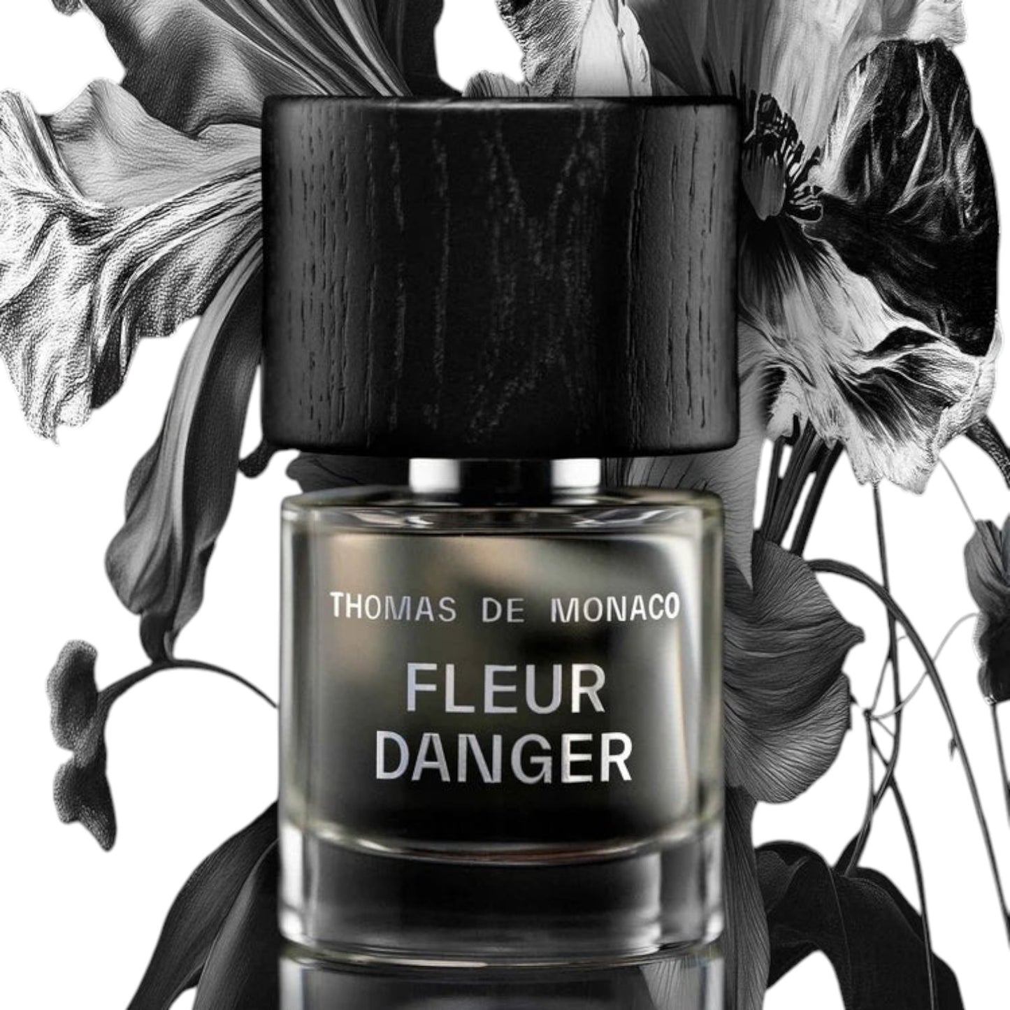 Flacon de parfum Cork Niche Fragrances Fleur Danger avec bouchon en bois noir devant une illustration florale