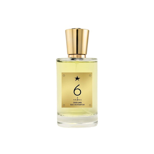 Flacon de parfum Nejma 6 par Cork Niche Fragrances avec étiquette dorée sur fond texturé or