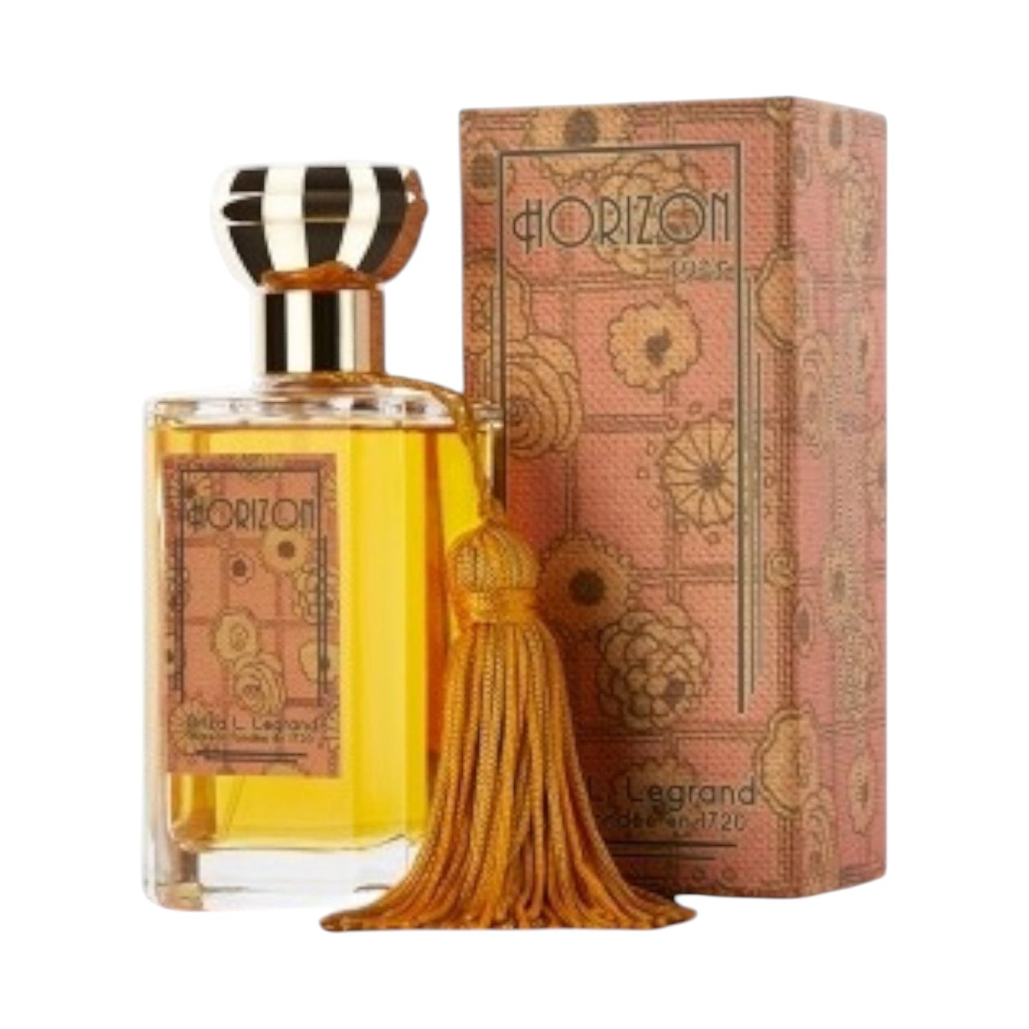 Flacon de parfum ambré Horizon de Cork Niche Fragrances avec pompon doré et boîte décorative style années folles