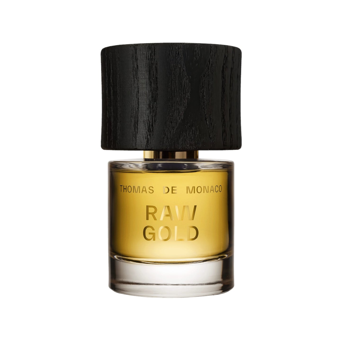 Flacon de parfum Raw Gold de Cork Niche Fragrances avec liquide ambré et bouchon en bois noir texturé