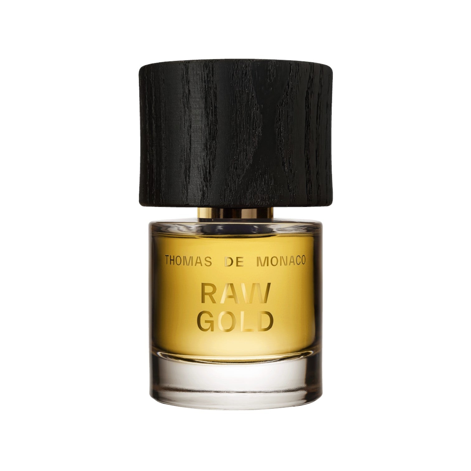 Flacon de parfum Raw Gold de Cork Niche Fragrances avec liquide ambré et bouchon en bois noir texturé