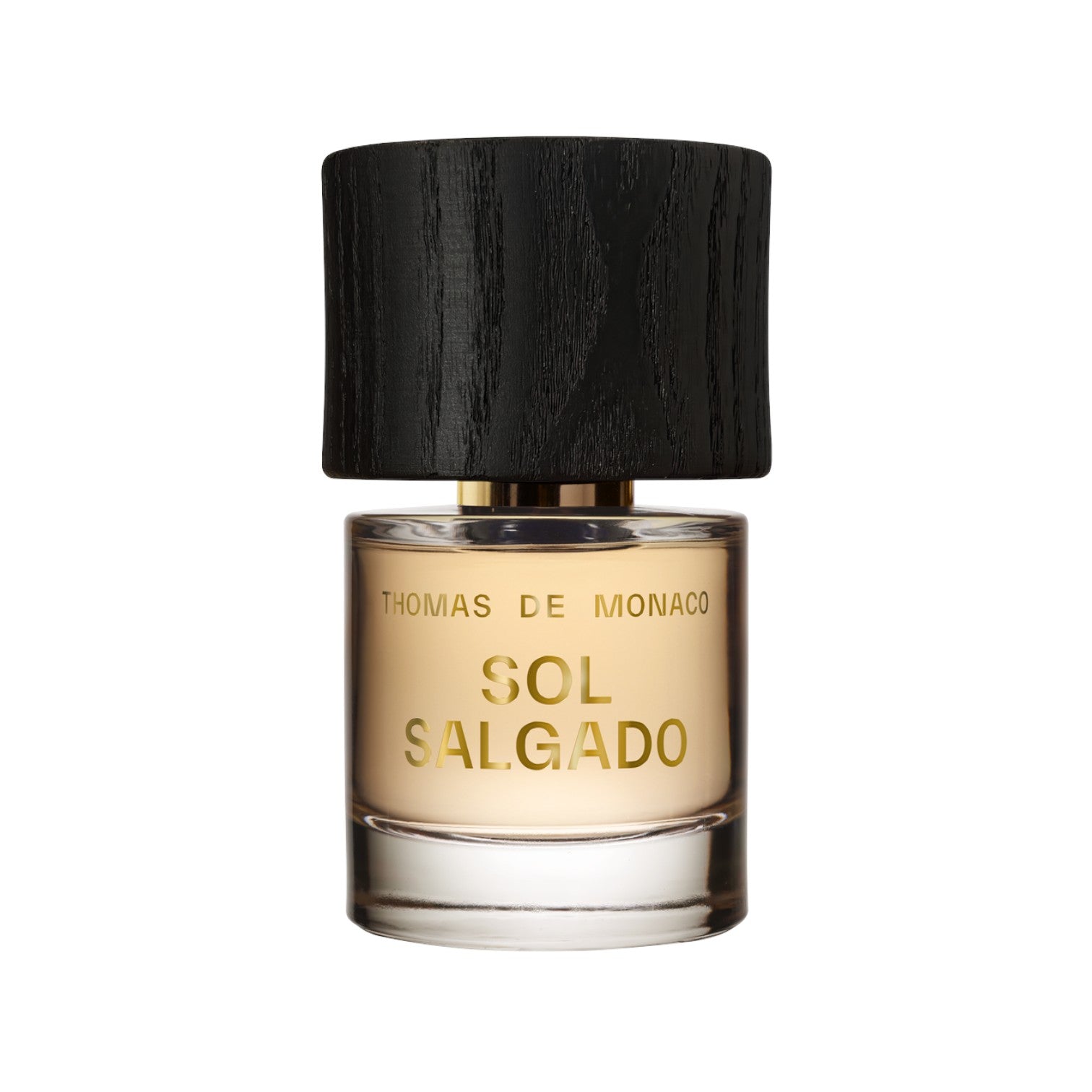 Flacon de parfum Sol Salgado par Cork Niche Fragrances avec bouchon en bois noir et jus ambré sur fond blanc