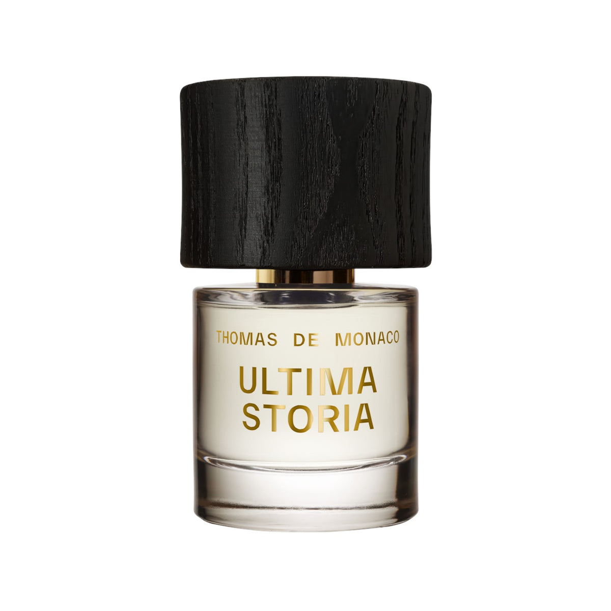 Flacon de parfum Cork Niche Fragrances Ultima Storia avec bouchon en bois noir texturé sur fond blanc