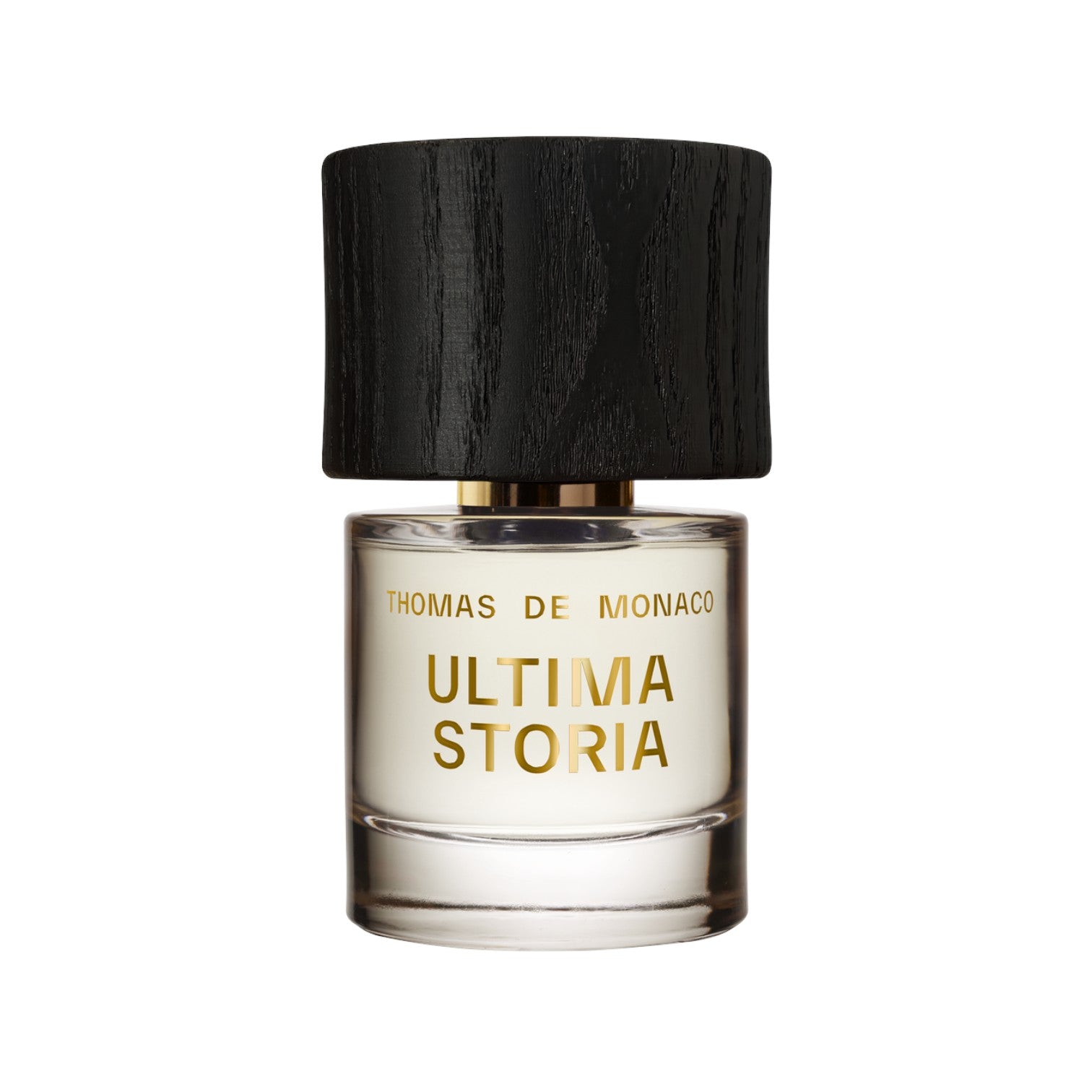 Flacon de parfum Cork Niche Fragrances Ultima Storia avec bouchon en bois noir texturé sur fond blanc